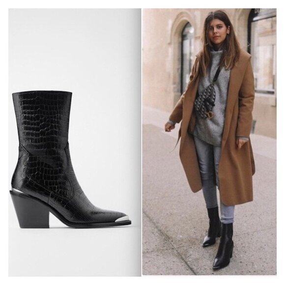 Zara Leather Cowboy Heel Ankle Boots With Metal Trim - Picture 2 of 8